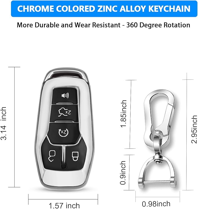 QBUC Ford Key Fob Cover with Keychain, Shell Compatible with Ford Explorer, F150, Lincoln MKC, MKX, MKZ, Fusion, Mustang, Edge Remote Vehicle Accessories (Silver)
