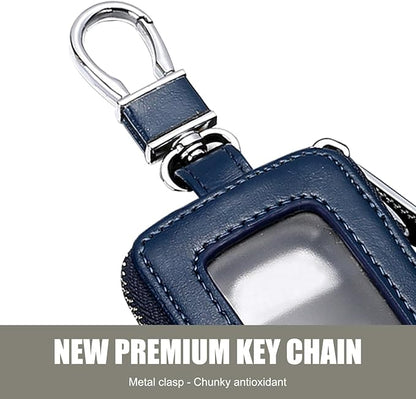 Leather Car Key Fob Case, 2.2" x 3.5" Car Key Fob Protective Cover with Zipper and Metal Hook, Double Layer Smart Remote Key Fob Case Holder, Universal Keychain Bag for Most Cars (Royal Blue)