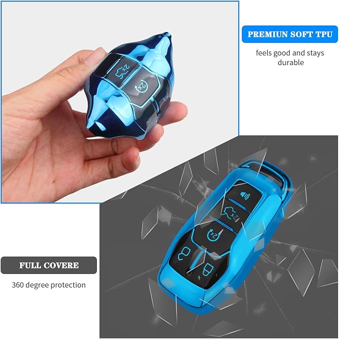 QBUC for Ford Key Fob Cover with Keychain Compatible with Ford Explorer F150 Fusion Mustang Edge Lincoln MKC 5 Buttons Smart Key (Blue, Series 2)