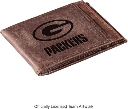 Team Sports America NFL Green Bay Packers Front Pocket Slim Wallet for Men | Minimalist Leather RFID Blocking Bifold Card Holder with Money Clip | Officially Licensed Stamped Logo