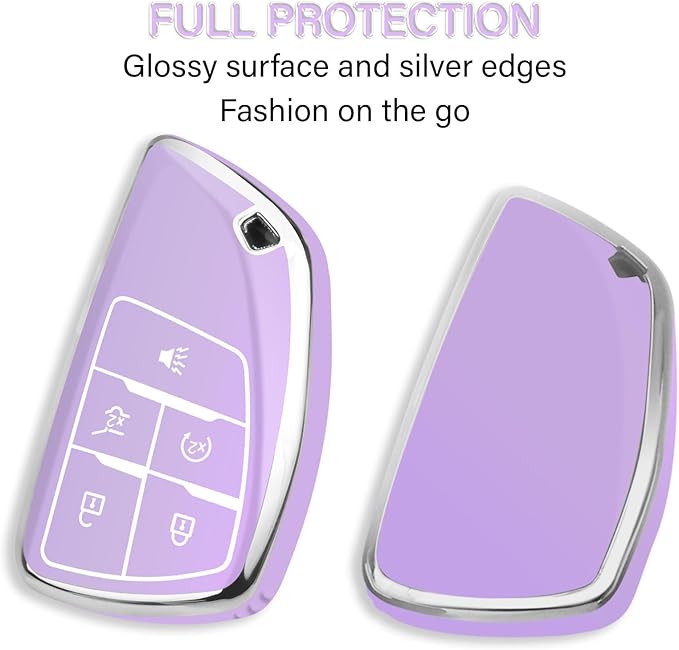 QBUC for Chevy Key Fob Cover with Keychain Soft TPU Protection Case Compatible with 2021-2026 Chevy Equinox Blazer Tahoe Suburban GMC Yukon Denali Silverado 5-Buttons(Chrome Trim Purple)