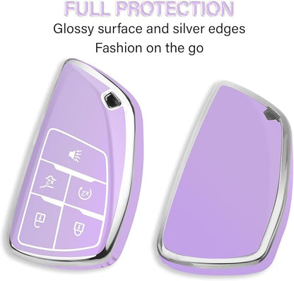 QBUC for Chevy Key Fob Cover with Keychain Soft TPU Protection Case Compatible with 2021-2026 Chevy Equinox Blazer Tahoe Suburban GMC Yukon Denali Silverado 5-Buttons(Chrome Trim Purple)