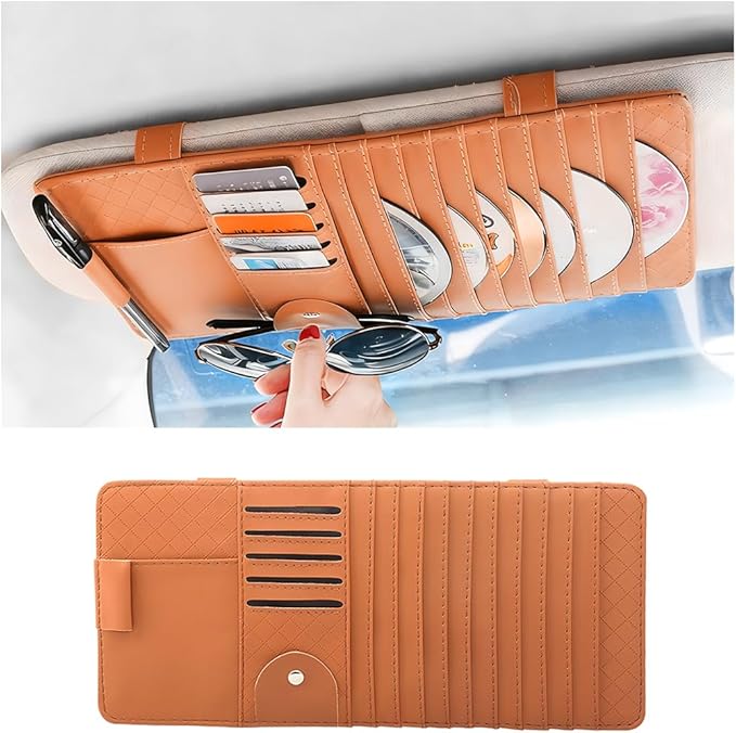 Zpana Car Sun Visor CD Case Holder, Multi-Function Vehicle DVD Eyeglass Organizer Clip with 10 DVD Storage Sleeves, Automotive Card Slots & Pen Holder Bag, Universal for SUV RV Truck (Brown)