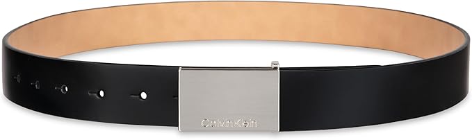 Calvin Klein Men's Plaque Buckle Belt - Casual Modern Style With Logo Detail for Jeans and Dress Pants