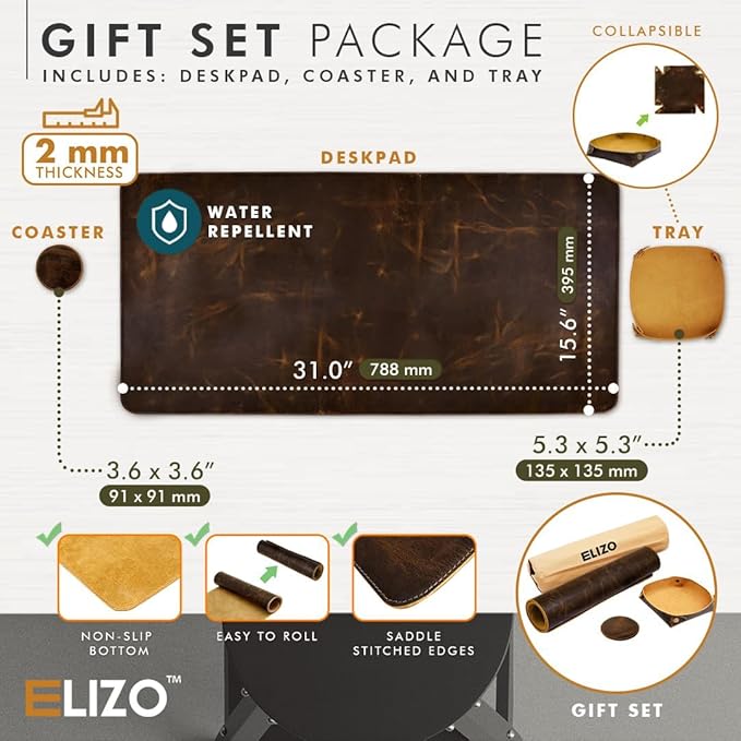 Elizo Real Leather Desk Mat Set (32x16) Large Desk Cover Desk Blotter Protector Computer Gaming Mouse Pad Table Laptop Office Desktop Accessories