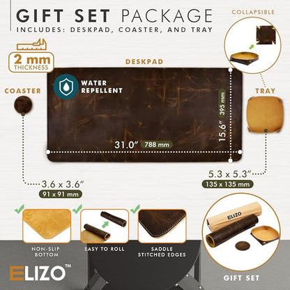 Elizo Real Leather Desk Mat Set (32x16) Large Desk Cover Desk Blotter Protector Computer Gaming Mouse Pad Table Laptop Office Desktop Accessories