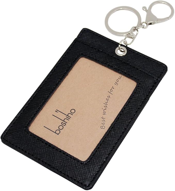 Boshiho Vertical Style Leather ID Card Badge Holder with Keychain Key Ring