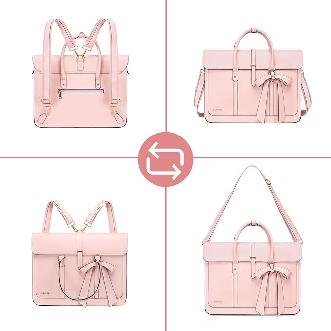 MOSISO Laptop Bag for Women, 13-14 inch PU Leather Laptop Shoulder Bags Convertible Backpack, 13.3 inch Messenger Bags Casual Handbag Work Briefcase Travel Computer Bag with Bowknot, Pink