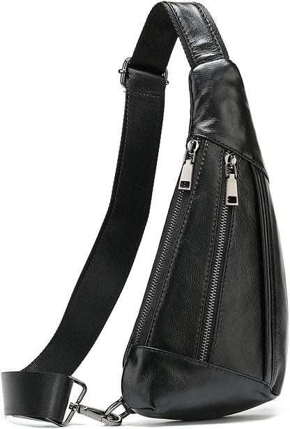 Hebetag Leather Crossbody Sling Bag for Men Women Single Shoulder Chest Pack Backpack Outdoor Travel Camping Casual Daypack Black