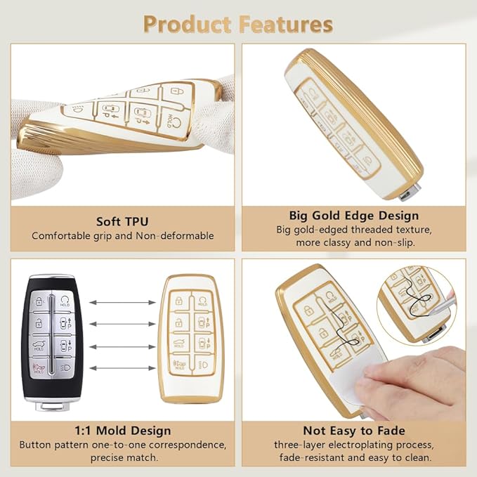 PIFOOG Key Fob Cover for Genesis GV70 GV80 2023 2022 2021 Accessories 8 Buttons Car Keys Case Shell with Cute Girly Keychain Ring Protector Bling White Gold TPU Women Gifts