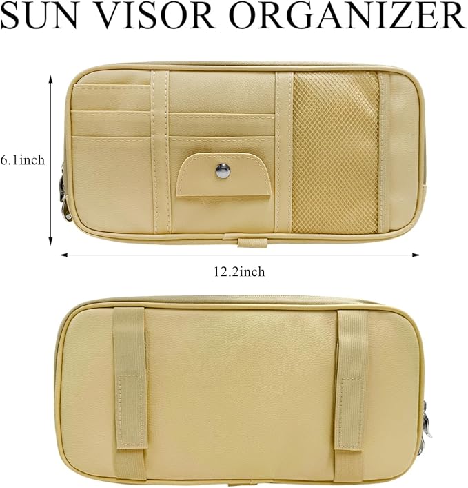 DXNQ Car Sun Visor Organizer, Double Zipper Leather Visor Storage Pouch with Multi-Pocket, Sunglass Holder Storage Pocket with Elastic Band for Cars SUVs Trucks, Car Accessories (Beige)