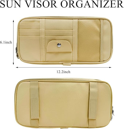 DXNQ Car Sun Visor Organizer, Double Zipper Leather Visor Storage Pouch with Multi-Pocket, Sunglass Holder Storage Pocket with Elastic Band for Cars SUVs Trucks, Car Accessories (Beige)