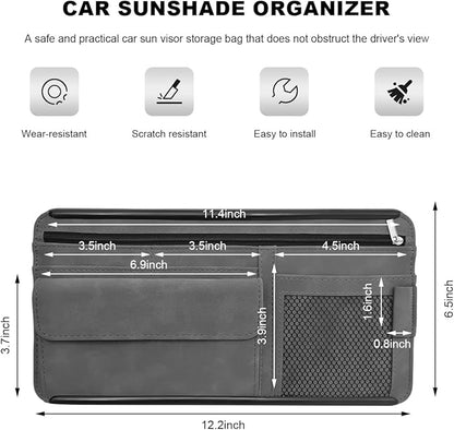 Sun Walker Car Sun Visor Organizer, Suede Leather Visor Storage Pouch Holder with Net Zipper, Multi-Pocket Vehicle Sunshade Organizer for Eyeglasses Card License Registration (Gray)
