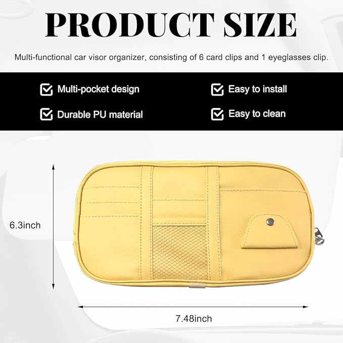 Car Sun Visor Organizer, Multi-Pocket Visor Storage Pouch Sunglasses Holder with Net Zippers, PU Leather Sunvisor Storage Bag with Elastic Band for Driving License Card Pen (Beige)