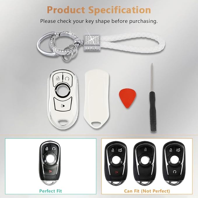 PIFOOG Accessories for Buick Regal Encore GX Key Fob Cover 5 Buttons Soft TPU Keys Shell Case Glittering Car Keychain Full Protector Girl Women Men Crystal White Silver