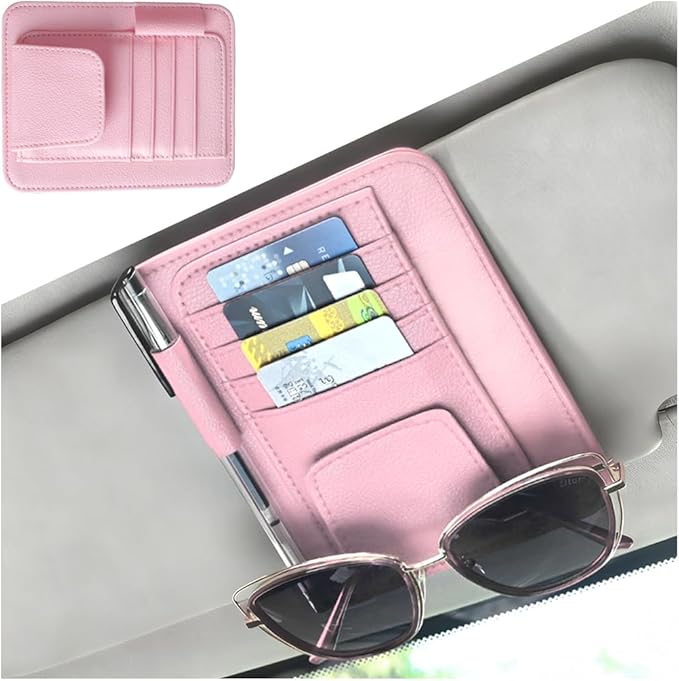 Car Sun Visor Organizer, PU Leather Vehicle Visor Document Storage Pocket for Sunglass Card Pen, Multifunctional Automotive Interior Holder Accessories, Universal Fit (Pink)