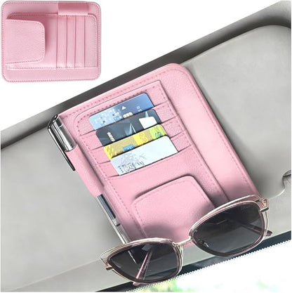 Car Sun Visor Organizer, PU Leather Vehicle Visor Document Storage Pocket for Sunglass Card Pen, Multifunctional Automotive Interior Holder Accessories, Universal Fit (Pink)