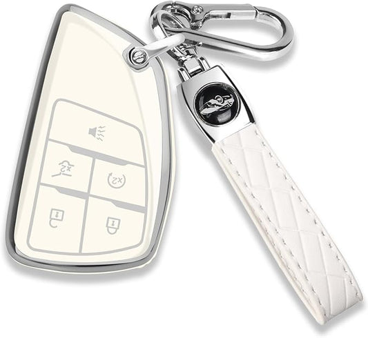 QBUC for Chevy Key Fob Cover with Keychain Soft TPU Protection Case Compatible with 2021-2026 Chevy Equinox Blazer Tahoe Suburban GMC Yukon Denali Silverado 5-Buttons(Chrome Trim White)