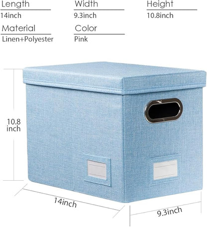 PRANDOM File Organizer Box - Set of 4 Collapsible Decorative Linen Filing Storage Hanging File Folders with Lids Office Cabinet Letter Size Blue (14x9.3x10.8 inch)
