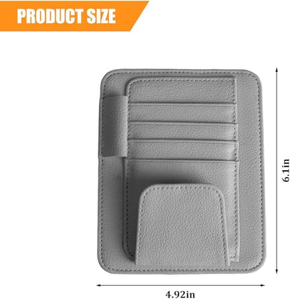 Car Sun Visor Organizer, PU Leather Vehicle Visor Document Storage Pocket for Sunglass Card Pen, Multifunctional Automotive Interior Holder Accessories, Universal Fit (Gray)