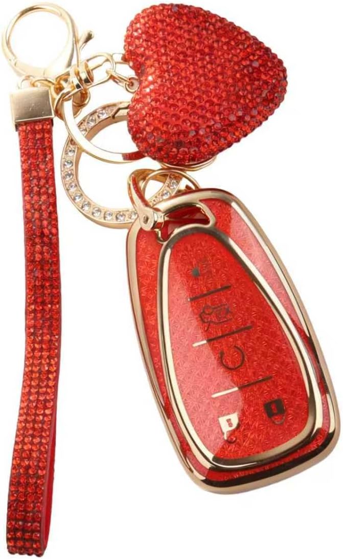 Compatible with Chevy Equinox Key Fob Covers,Stylish Car Key Cover with Bling Heart Keychain,5-Button Keys Fob Protector（Red）