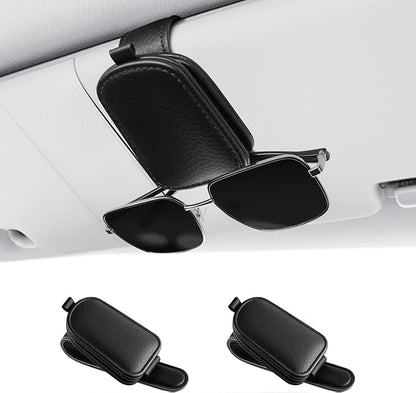 SINGARO Sunglasses Holder for Car, Leather Magnetic Buckle Sun Visor Sunglass Clip, Ticket Card Storage Glasses Clip, Car Interior Accessories for Men and Women（2PCS Black）