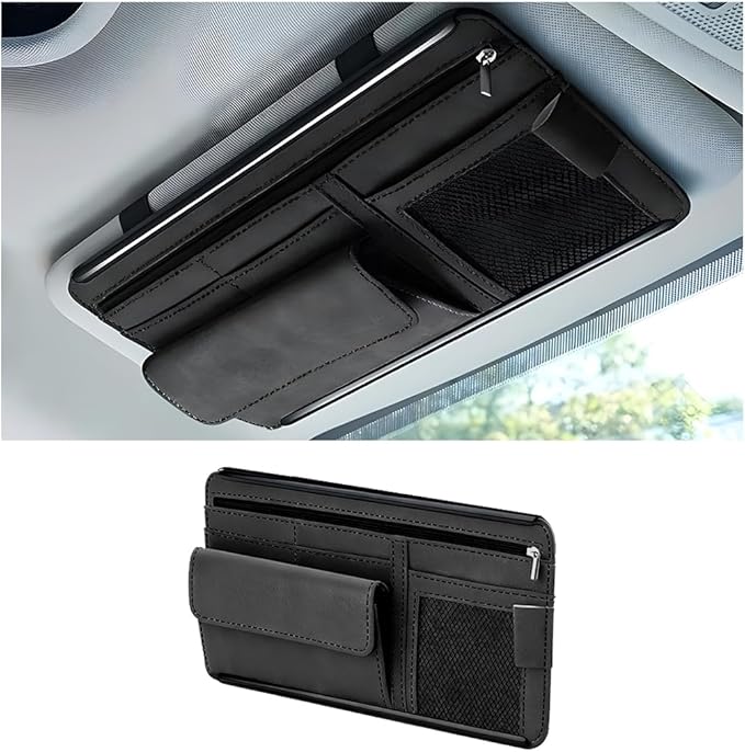 Car Sun Visor Organizer, Leather Vehicle Visor Card License Storage Pouch with Glasses Holder, Multifunctional Auto Interior Sunshade Document Pocket Organizer, Universal for Vehicles (Black)