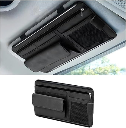 Car Sun Visor Organizer, Leather Vehicle Visor Card License Storage Pouch with Glasses Holder, Multifunctional Auto Interior Sunshade Document Pocket Organizer, Universal for Vehicles (Black)