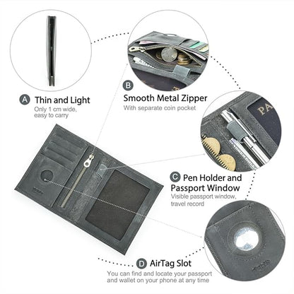 CONTACTS Full Grain Leather Passport Holder RFID Blocking Travel Passport Wallet Compatible with Airtag Passport Cover Case with 4 Cards Slots, Coin Pocket (Gray)