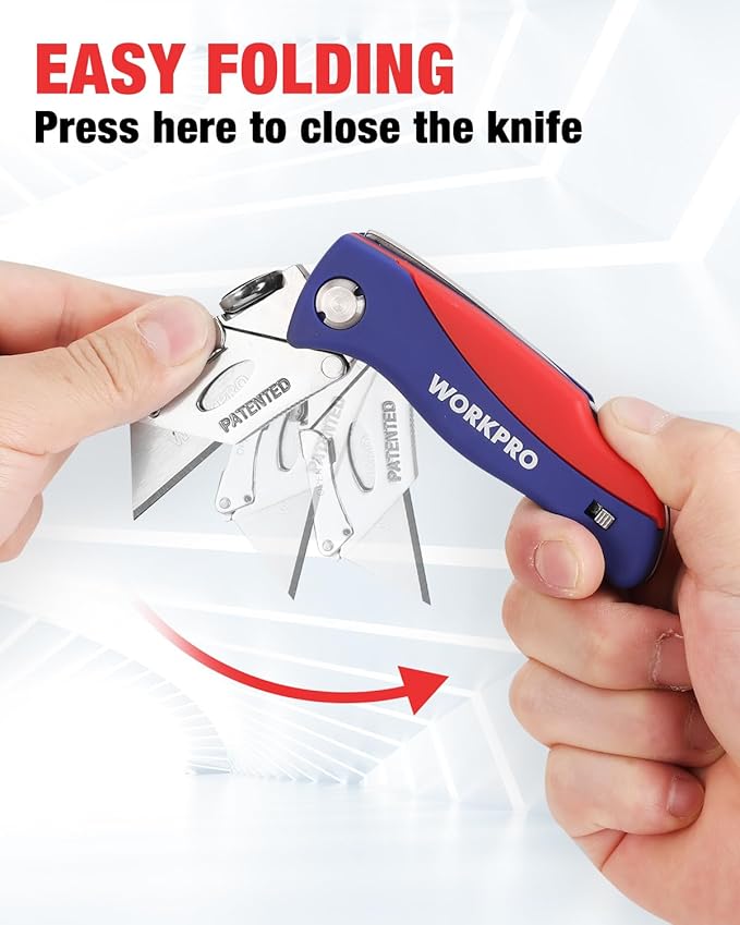 WORKPRO Folding Utility Knife, Quick-Change Box Cutter, Blade Storage in Handle with 5 Extra Blades Included