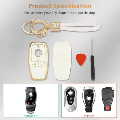 PIFOOG Key Fob Cover for Mercedes TPU White Gold Bling Keychain Accessories Fit Benz GLA GLE GLB GLS GLC CLA CLS C300 AMG A E S G Class Cute Car Keys Case Shell Girly Women
