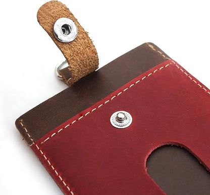 Badge Holder: Boshiho Cowhide Leather ID Badge Card Holder with 19" Neck Lanyard, Vertical Style (Brown-Red)