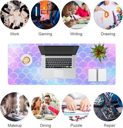 QiyI Multifunctional Office Desk Pad, Water-Resistant PU Leather Mouse Pad, Home Décor Large Desk Organizer Mat, Non Slip Base Writing Pads for Home & Office 31.5" x 11.8" - Mermaid Scales
