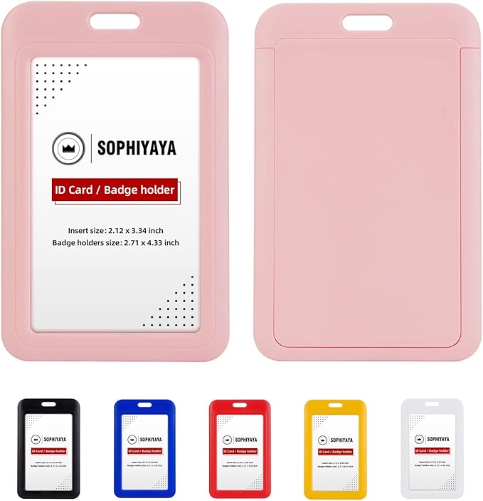 2 Pack Sliding ID Badge Holder - Vertical Hard Plastic Sleeve Secures Work ID Key Card Credit Cards for Office Factory School Teachers Students (Pink)