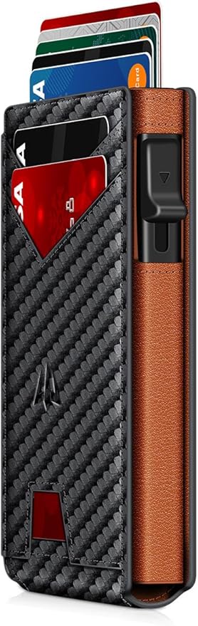 Wallet for Men, Slim Minimalist Wallet with Money Clip＆ID Window, RFID Blocking Pop-Up Credit Card Holder, Smart Auminum Mens Wallet Holds 9-13 Cards (Gift Box) (Carbon Fiber & Orange)