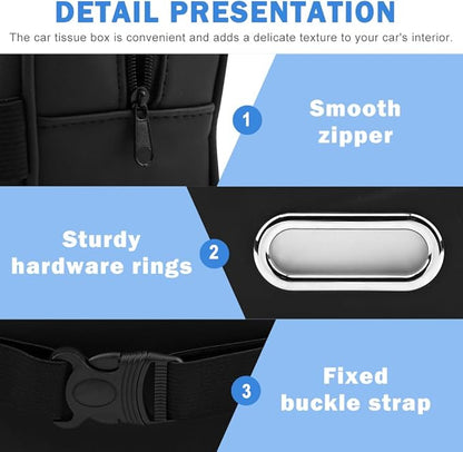 Car Tissue Box Holder, Backseat Rectangular Napkin Holder with 4 Hooks, Small 7.5in PU Leather Napkin Organizer with Metal Ring for Easy Pulling, Fits Headrest, Dashboard & Sun Visor(Color:Black)