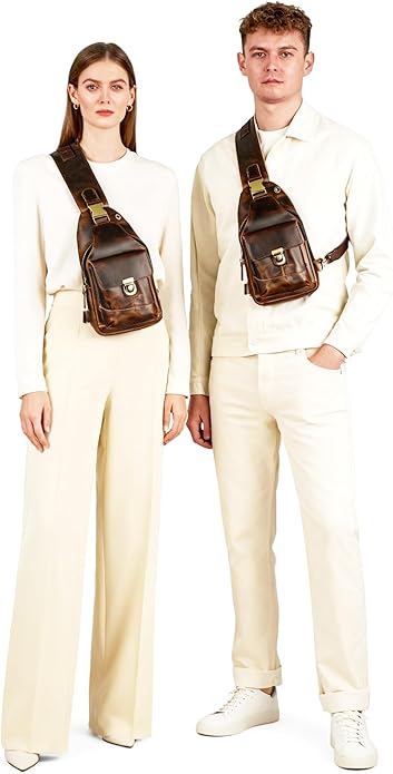 Thick Crazy horse Leather Triangle Crossbody Sling Chest Bag Travel One Shoulder Bag Daypack For Men Male 3028
