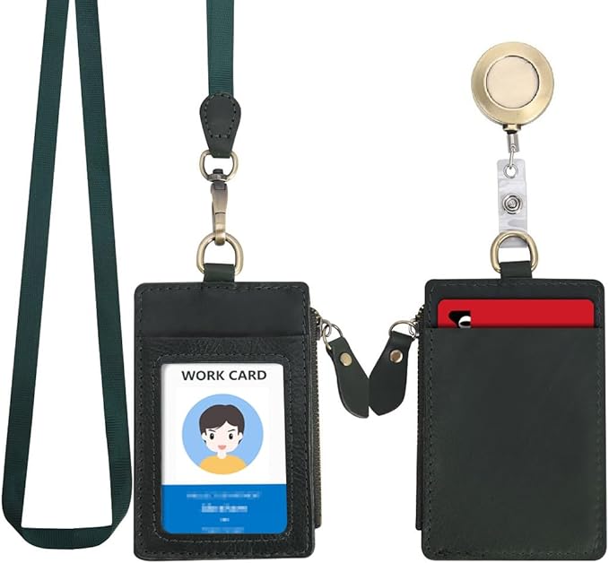 Wonderpool Leather ID Badge Holder with Zipper Wallet Pouch - Card Slots Case Detachable Neck Lanyard and Retractable Badge Reel for Office School Hospital Exhibition ID (Green)