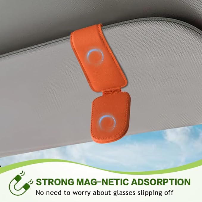 Sunglass Holder for Car, Sunglasses Clip for Car Visor, Magnetic Leather Vehicle Eyeglass Hanger Clip, Auto Ticket Card Glasses Organizer Clamp Accessories for SUV Sedan (Orange)