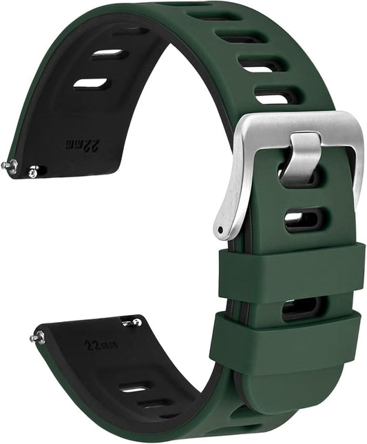 WOCCI 20mm Bicolor Watch Band, Silicone Rubber, Quick Release Replacement Strap for Men and Women, Silver Stainless Steel Buckle (Green-Black)