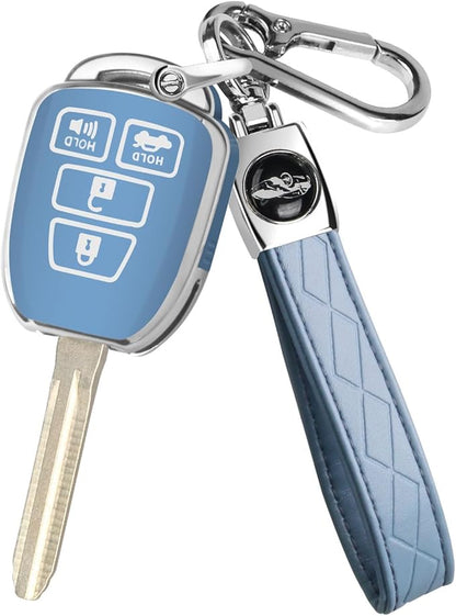 MILD EAST for Toyota Key Fob Cover with Metal Key Chain, Silver Edge Soft TPU Key Fob Shell Case for 2012-2019 Camry Corolla Tacoma, Blue