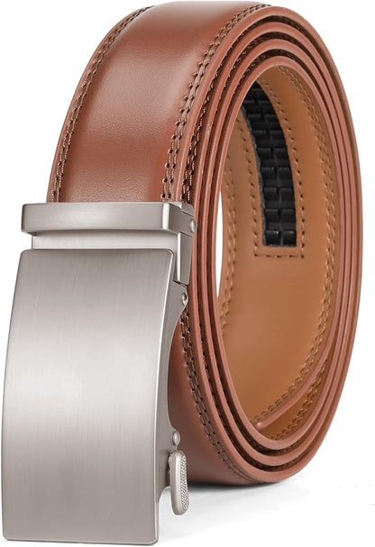 SENDEFN Men's Leather Belt Automatic Ratchet Buckle Slide Belt for Dress Casual Trim to Fit with Gift Box