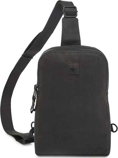 Leather Sling Bag for Women Genuine Crossbody Purse Small Trendy Cross Over Chest Phone and Credit Card Slots (Black Crazy Horse)