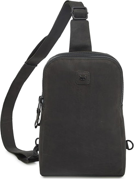 Leather Sling Bag for Women Genuine Crossbody Purse Small Trendy Cross Over Chest Phone and Credit Card Slots (Black Crazy Horse)
