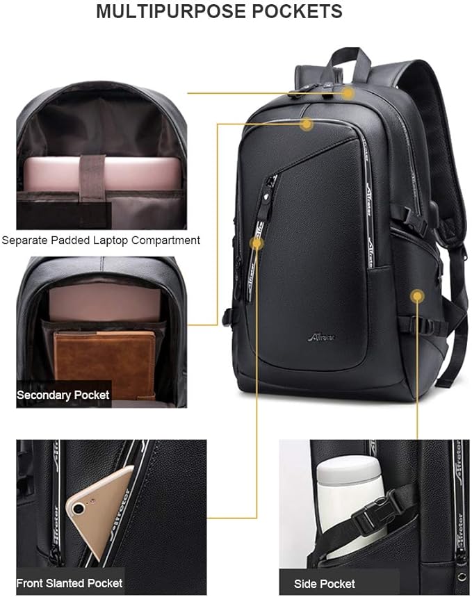 DYJ Vegan Leather Laptop Backpack for Women&Men, PU Vintage Travel Daypacks with USB Charging Port 17 Inch Laptop