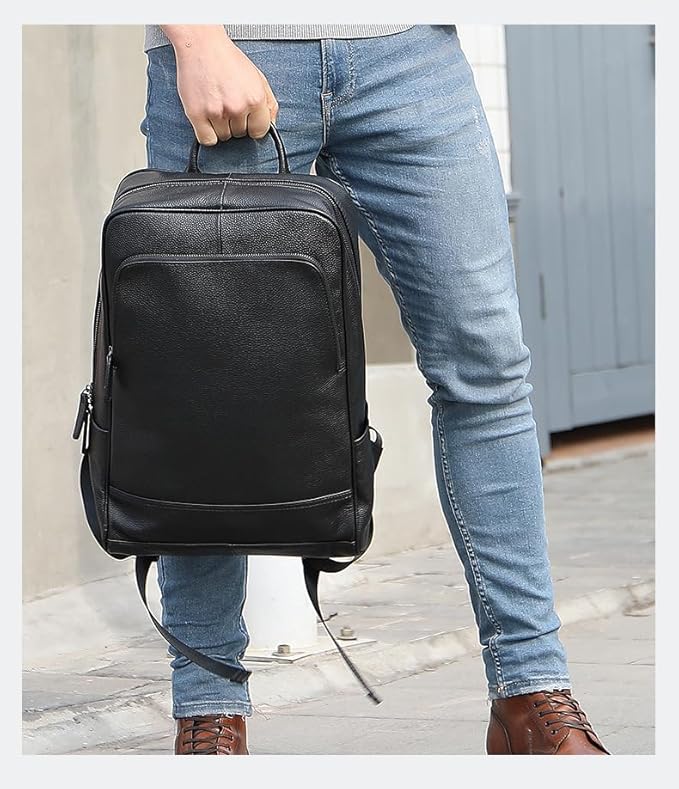 Genuine Leather Backpack for Men Travel Laptop Bag Casual Daypack Business Briefcase Durable Work Bag Gift Box (Black)