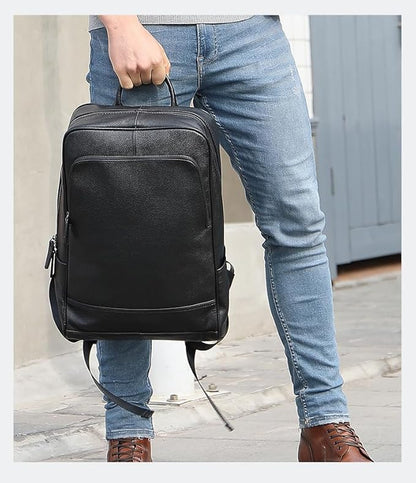 Genuine Leather Backpack for Men Travel Laptop Bag Casual Daypack Business Briefcase Durable Work Bag Gift Box (Black)