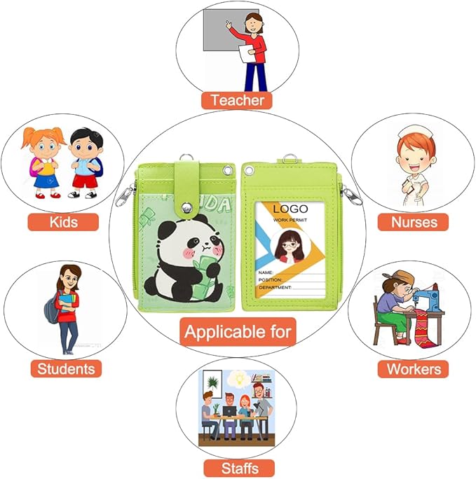 2 Pack Panda ID Badge Holder with Lanyard,Cute Work Badge Wallet with Zipper Pocket,3 Card Slots & Detachable Keychain for Nurse Teacher Student Office Staff