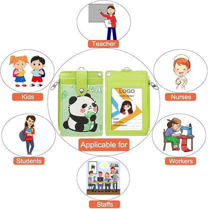 HASFINE ID Badge Holder with Lanyard,Cute Panda Work Badge with Zipper Pocket, 2-Sided Functional Card Wallet with 3 Card Slots and Detachable Keychain for Teacher Student Nurse Worker (Green)