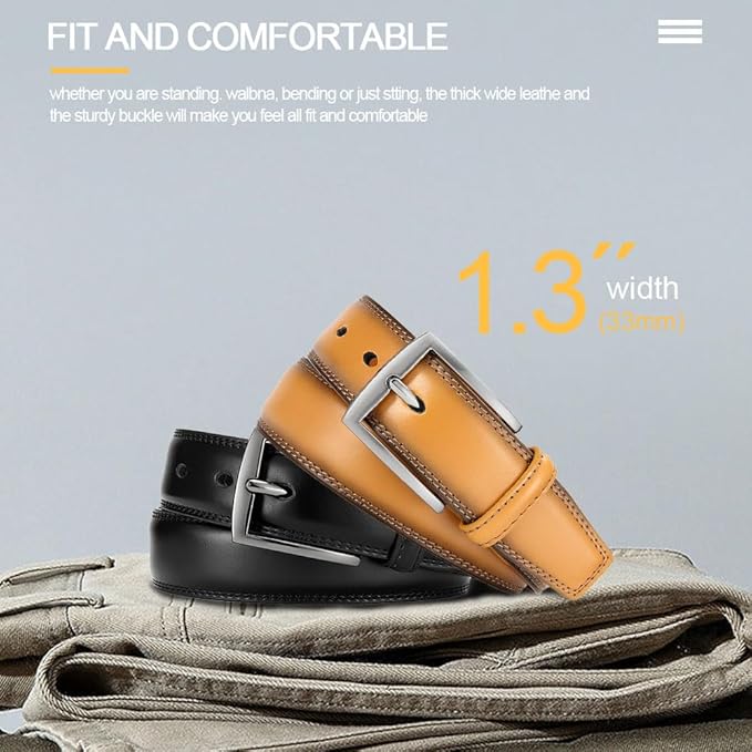 DOOPAI Men's Genuine Leather Dress Belt 2Pack - Handmade Classic Casual and Business Belt, 100% Cow Leather Prong Buckle,